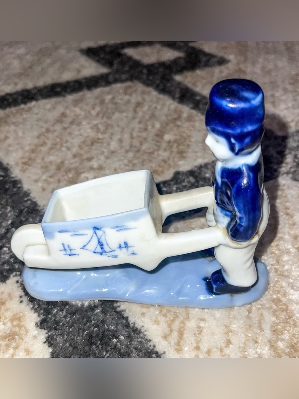 Vintage Blue and White Porcelain Fisherman Wheelbarrow Figurine